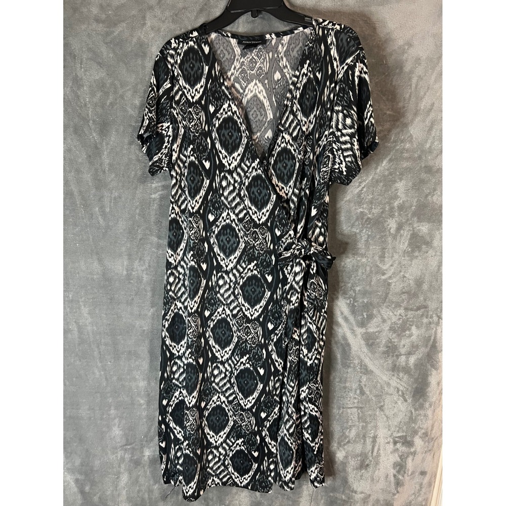 Ashley Stewart 18/20 Black White Ikat Wrap Midi Dress Tie Waist